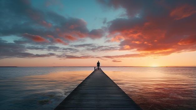 Foto figura solitaria in piedi su un insolito molo lungo