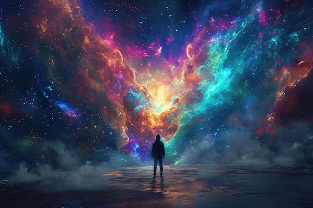 A lone figure stands amidst a vibrant cosmic nebula evoking a sense of wonder and the vastness of space