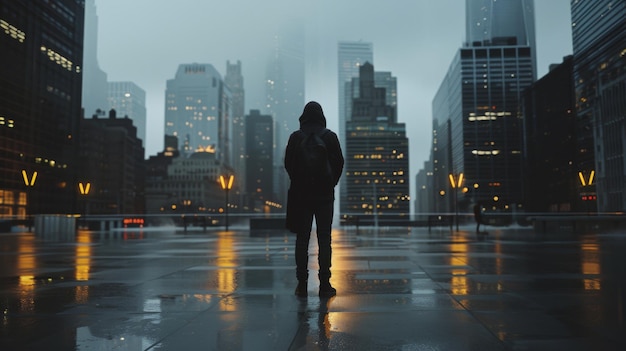 A lone figure stands enveloped in the moody glow of a rainy urban nightscape