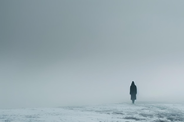 A lone figure stands in the middle of a snowy field