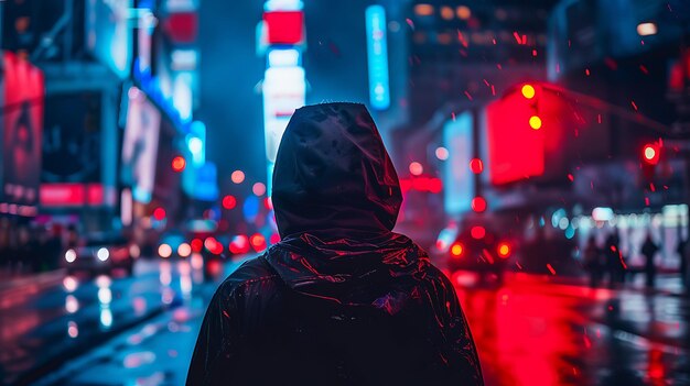 Photo a lone figure stands in the rainsoaked street illuminated by the vibrant glow of the city lights