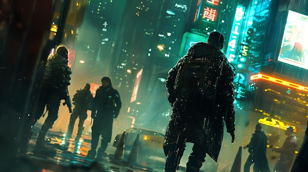 Photo a lone figure stands in the rainsoaked streets of a futuristic city