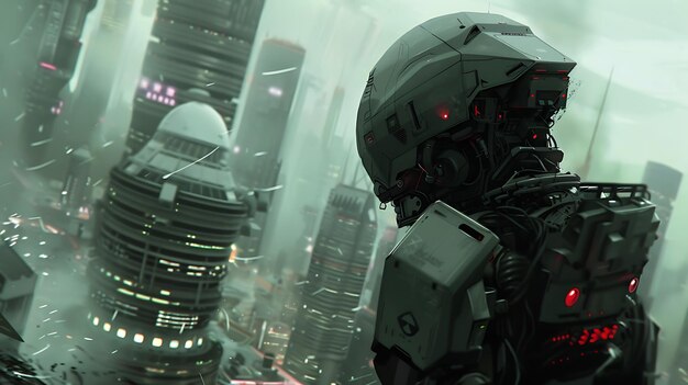 Photo a lone figure stands on a rooftop in a futuristic city the figure is wearing a helmet and a black suit