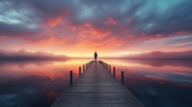 Photo lone figure on an unusual long pier solitude