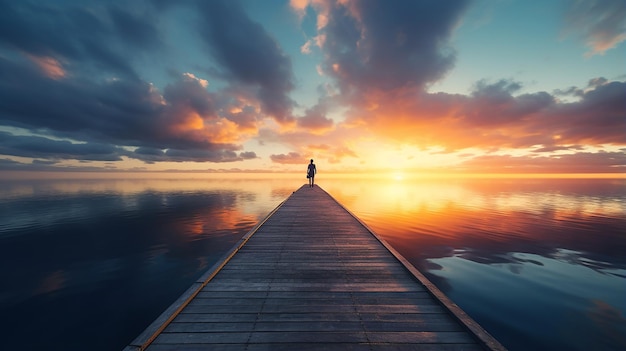 Lone Figure on an Unusual Long Pier Solitude