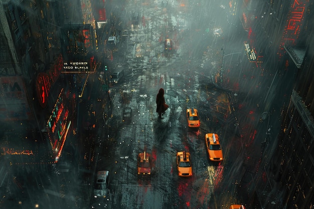 A lone figure walking down a bustling city street surrounded by towering skyscrapers