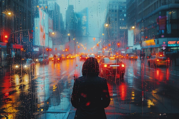 A lone figure walking down a bustling city street surrounded by towering skyscrapers