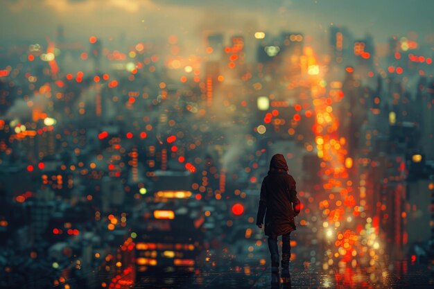 A lone figure walking down a bustling city street surrounded by towering skyscrapers