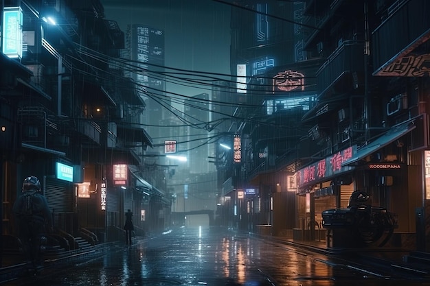 Одинокая фигура, идущая по тускло освещенной улице ночью, созданная с помощью технологии генеративного искусственного интеллекта.