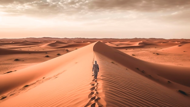A lone figure walking on sand dunes in the desert landscape