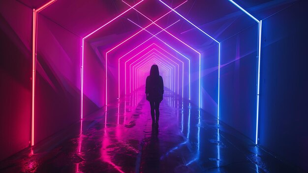 Photo a lone figure walks through a dark tunnel the tunnel is lit by bright neon lights which create a colorful and abstract scene