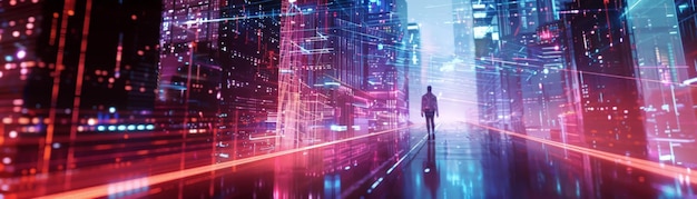 a lone figure walks through a futuristic cityscape illuminated by vibrant neon lights reflecting on wet surfaces in a cyberpunk setting