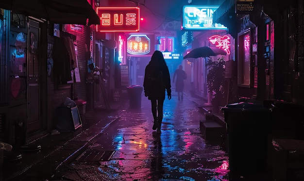 A lone figure walks through a rainsoaked alley aglow with vibrant neon signs Generate AI