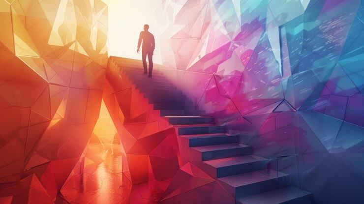 Photo a lone figure walks up a set of stairs in a colorful abstract room symbolizing progression and hope