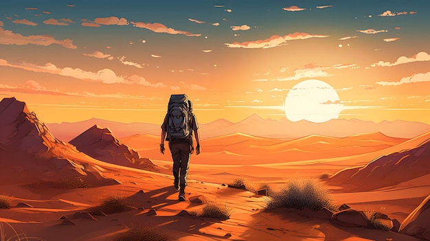 A lone figure wandering through a desert landscape at sunset