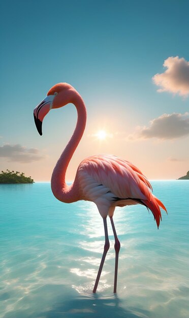 Photo a lone flamingo basks in the sunlight over warm turquoise waters