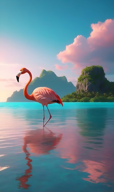 Photo a lone flamingo basks in the sunlight over warm turquoise waters