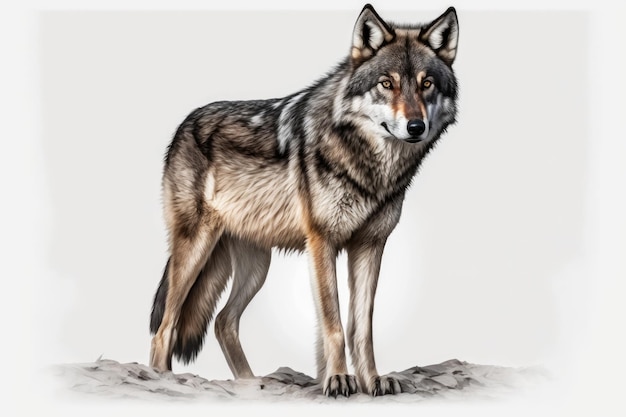 A lone gray wolf on a white background