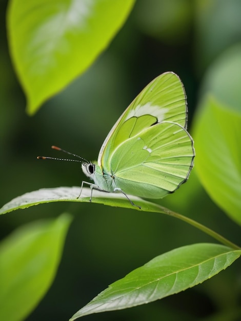 Photo a lone green butterfly perched on a vibrant green leaf