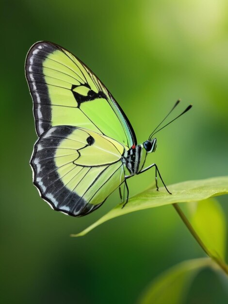 Photo a lone green butterfly perched on a vibrant green leaf