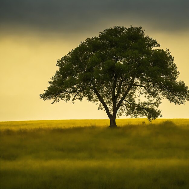 Lone green oak tree in field