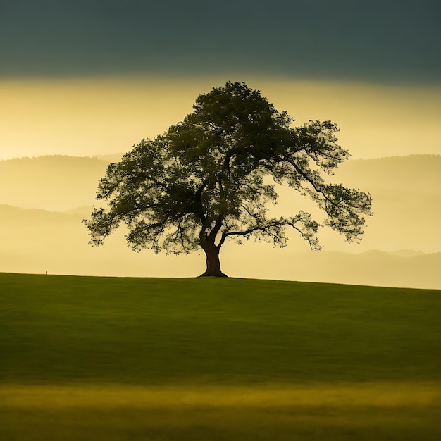 Lone green oak tree in field