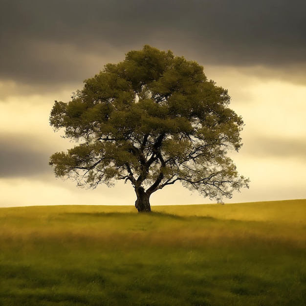 Lone green oak tree in field