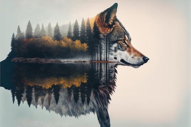 Lone grey wolf in solitude on wondrous double exposure nature background