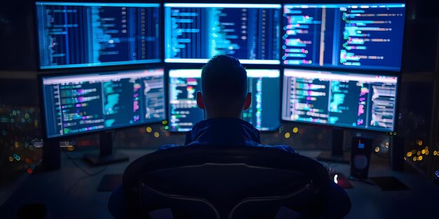 a lone hacker with multiple screens in a dark room coding concept hacker culture coding skills dark room vibes cybersecurity computer programming