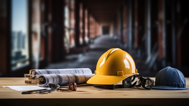 A lone hard hat placed on a wooden table