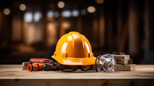 A lone hard hat placed on a wooden table