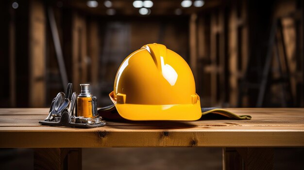 A lone hard hat placed on a wooden table