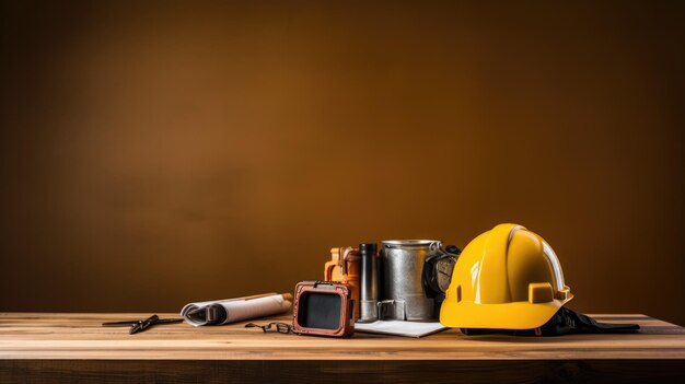 A lone hard hat placed on a wooden table