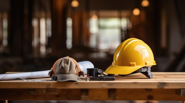 A lone hard hat placed on a wooden table