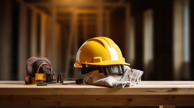 A lone hard hat placed on a wooden table