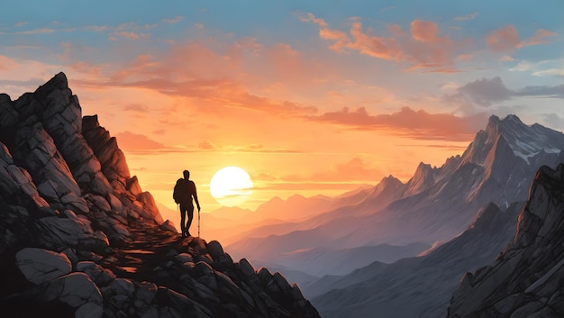 A lone hiker standing atop a snowcapped mountain surveying the vast landscape below illustration