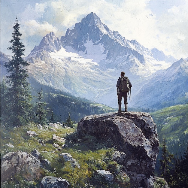 a lone hiker standing on a rocky outcrop gazing at a massive mountain in the distance1