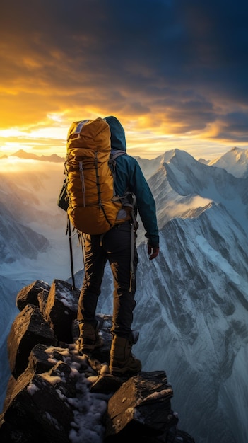 A lone hiker stands on a mountain peak and gazes at the view below The sky is a bright orange and the sun is setting behind the mountains