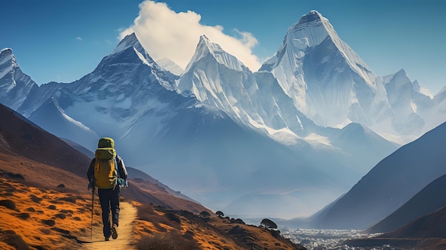 A lone hiker traverses a rugged mountain pass with a view of sno