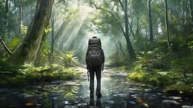 Одинокий турист, прогуливающийся по пышному лесу с рюкзаком Генеративный ИИ