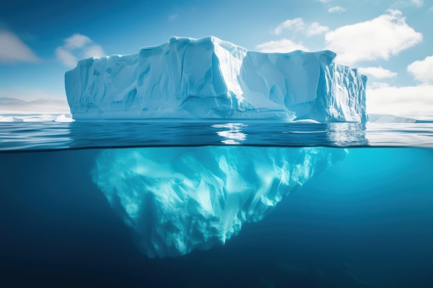 Lone iceberg in the ocean iceberg above the water and under water floating in the serene sea