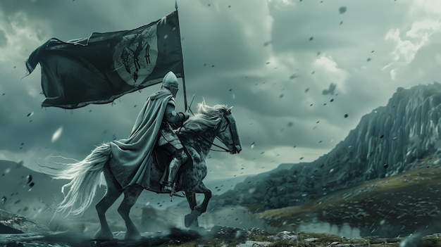 A lone knight charges into the fray his banner flying high in the wind
