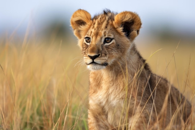 A lone lion cub observing a pride from afar