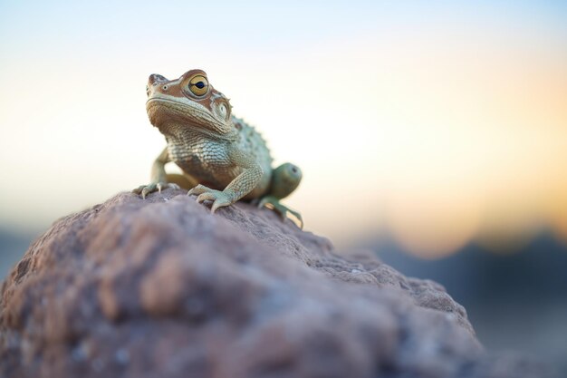 Photo lone lizard on boulder displaying dewlap at dusk