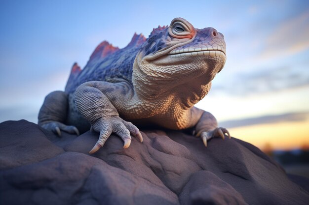 Photo lone lizard on boulder displaying dewlap at dusk