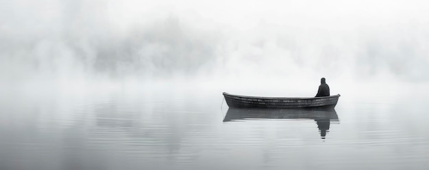 lone man in a boat on a still lake black and white