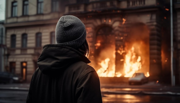 A lone man in a hooded shirt working near flames generated by AI