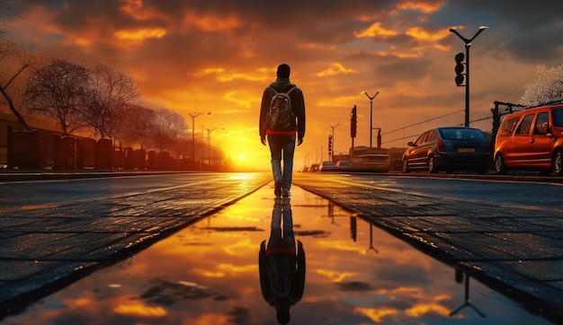 Lone Man Walking on Wet Street at Golden Hour