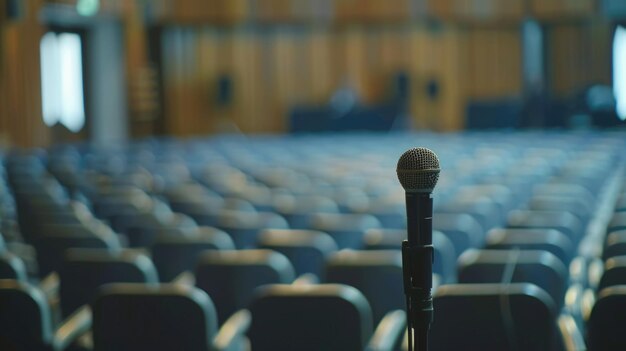 Foto un microfono solitario in un auditorium vuoto adatto a vari progetti creativi