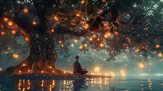 Lone Monk Meditates Sitting By A Mystical Tree Illuminated With Lanterns Vesak Day AI Generated